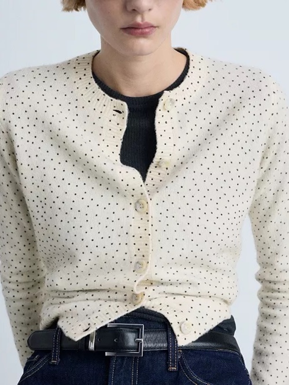 Mango Cream Cardigan with Black Polka-Dot Pattern